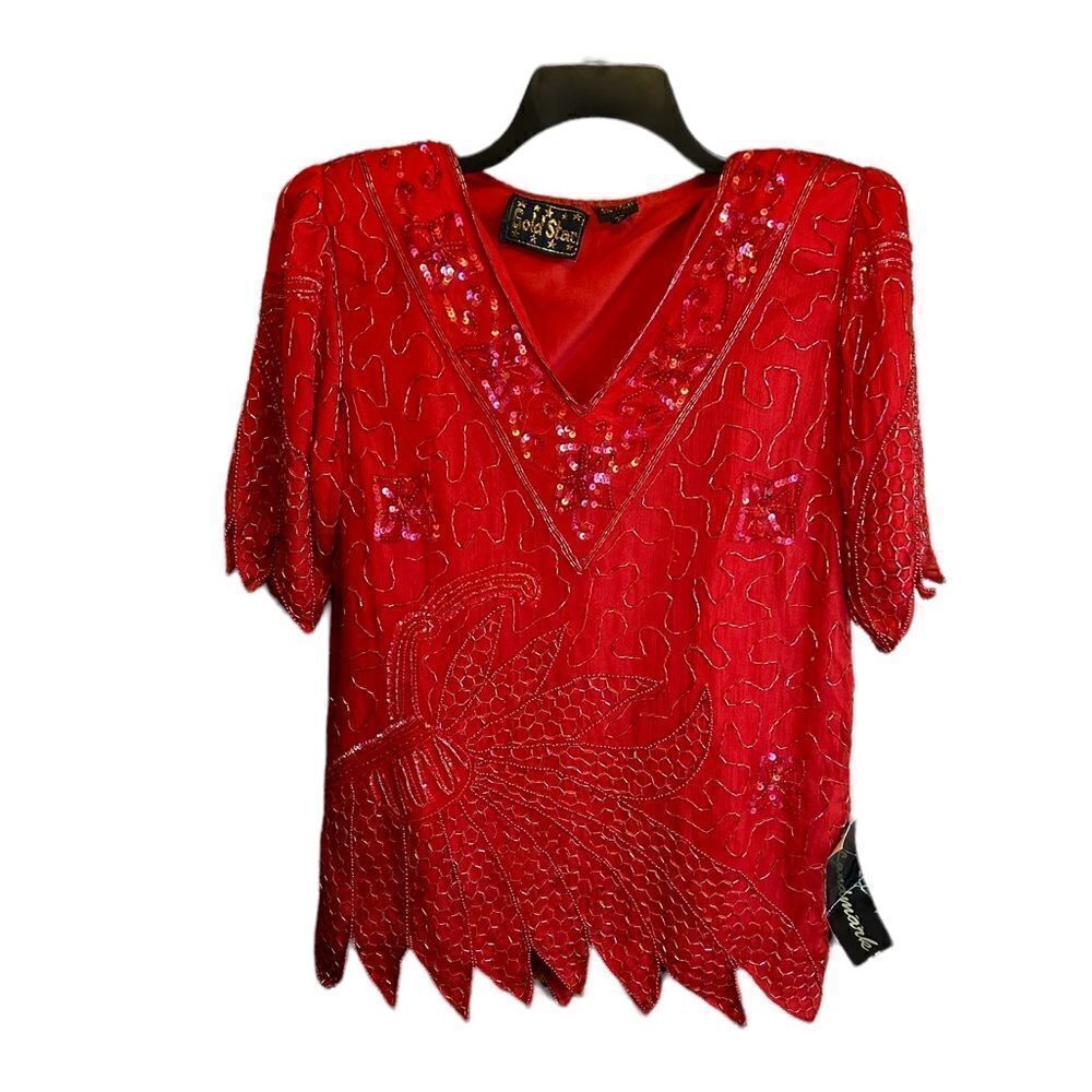 5 for $25🔥Vintage Gold Star Beaded Sequined Red Blouse Small